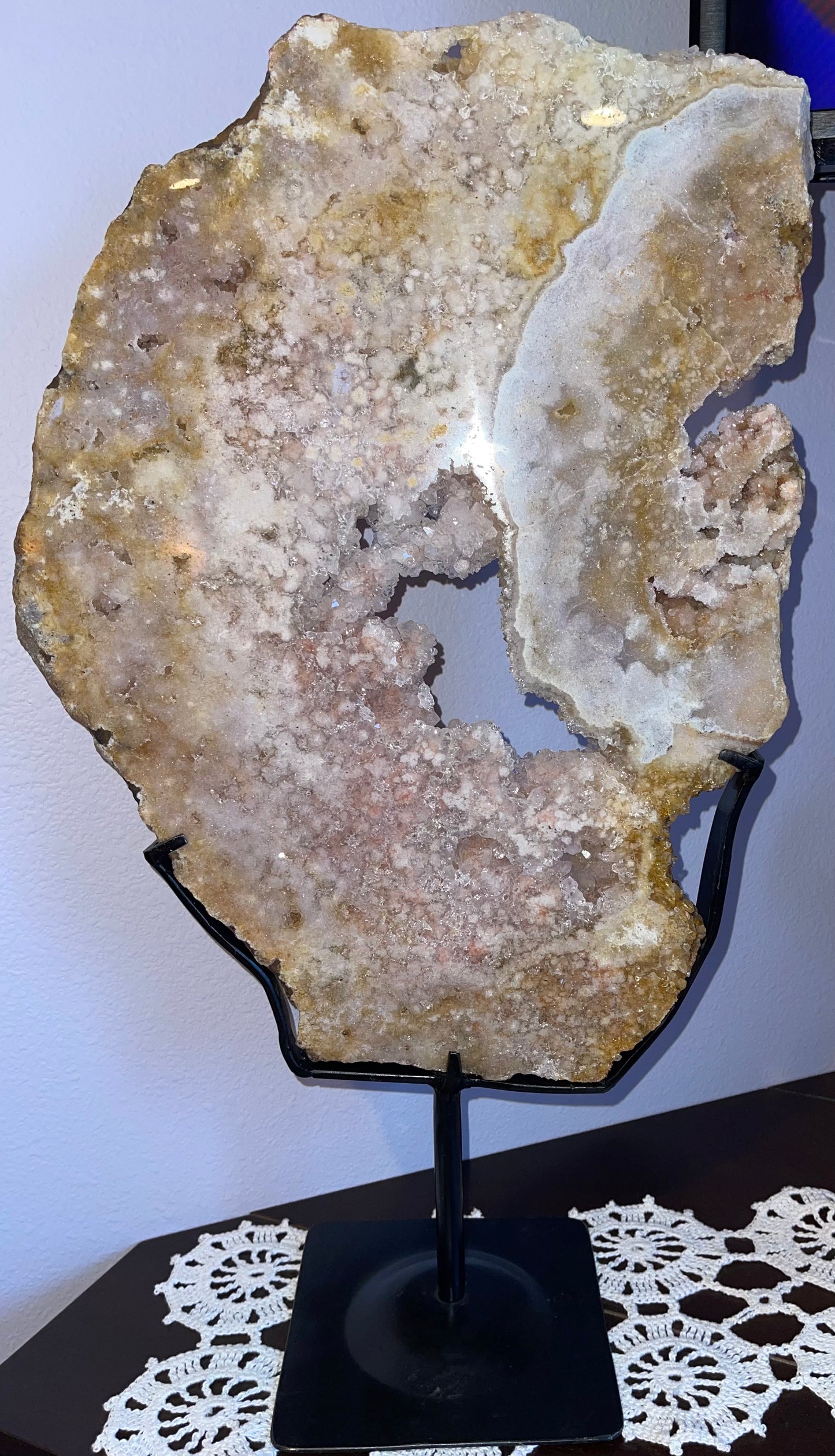 Pink Amethyst & Golden Healer Quartz Slab with Custom Stand